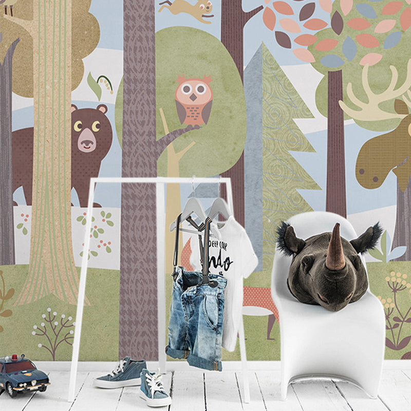 Cartoon Jungle Animal Mural Wallpaper for Child Room Custom Size Wall Art in Dark Color Pink Clearhalo 'Wall Decor' 'Wall Mural' 1224411