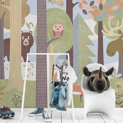 Cartoon Jungle Animal Mural Wallpaper for Child Room Custom Size Wall Art in Dark Color Pink Clearhalo 'Wall Decor' 'Wall Mural' 1224411