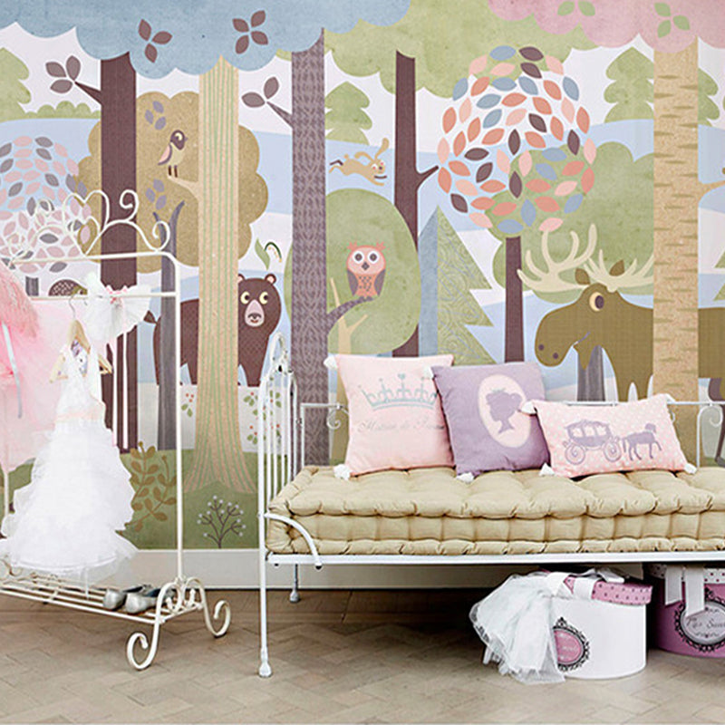 Cartoon Jungle Animal Mural Wallpaper for Child Room Custom Size Wall Art in Dark Color Clearhalo 'Wall Decor' 'Wall Mural' 1224412