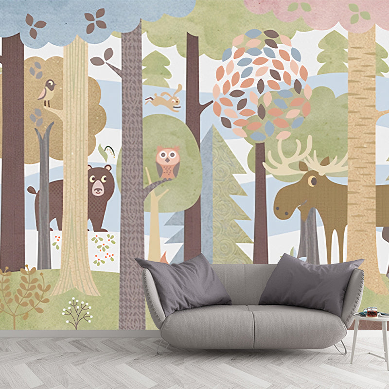 Cartoon Jungle Animal Mural Wallpaper for Child Room Custom Size Wall Art in Dark Color Clearhalo 'Wall Decor' 'Wall Mural' 1224413