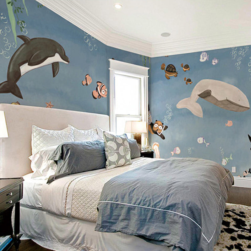 Cartoon Sea Underwater Diving Murals Soft-Color Stain Resistant Wall Decor for Kids Room Sky Blue Clearhalo 'Wall Decor' 'Wall Mural' 1224430