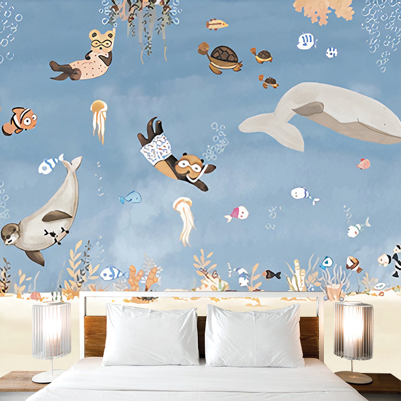 Cartoon Sea Underwater Diving Murals Soft-Color Stain Resistant Wall Decor for Kids Room Clearhalo 'Wall Decor' 'Wall Mural' 1224432