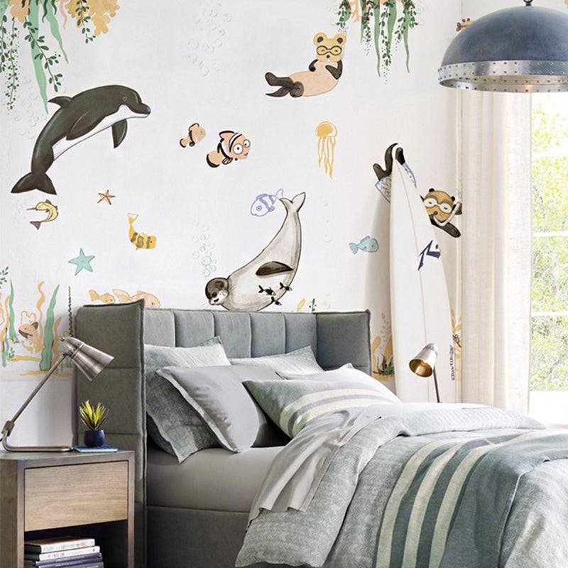 Cartoon Sea Underwater Diving Murals Soft-Color Stain Resistant Wall Decor for Kids Room White Clearhalo 'Wall Decor' 'Wall Mural' 1224435