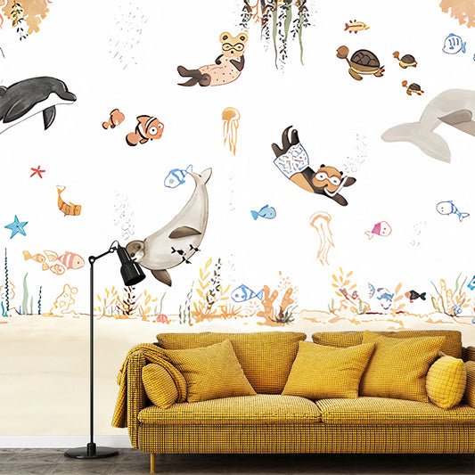 Cartoon Sea Underwater Diving Murals Soft-Color Stain Resistant Wall Decor for Kids Room