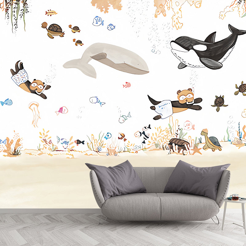 Cartoon Sea Underwater Diving Murals Soft-Color Stain Resistant Wall Decor for Kids Room Clearhalo 'Wall Decor' 'Wall Mural' 1224437