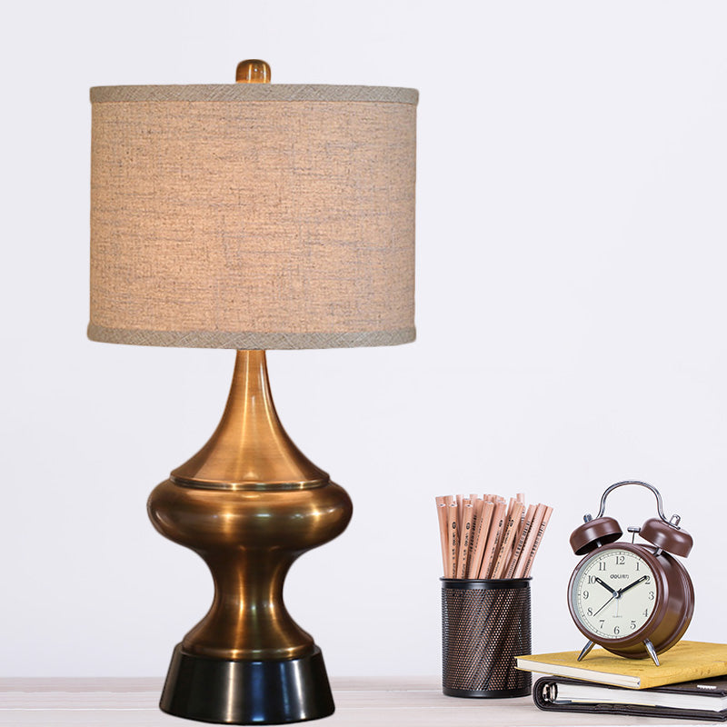 Bronze/Nickel Drum Shaped Desk Light Vintage Style Fabric 1 Light Guest Room Night Table Lamp Bronze Clearhalo 'Lamps' 'Table Lamps' Lighting' 1224490