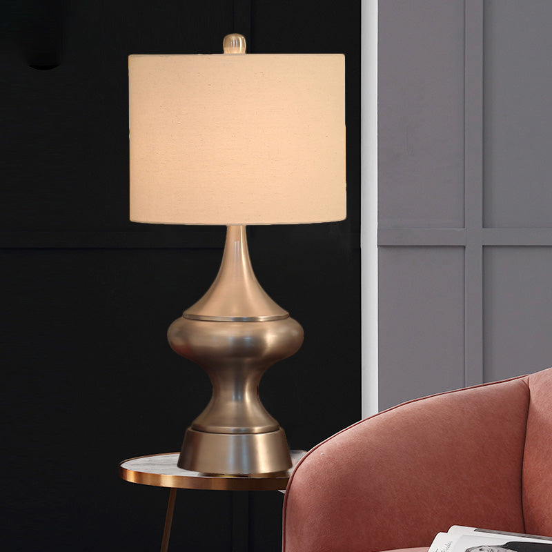 Bronze/Nickel Drum Shaped Desk Light Vintage Style Fabric 1 Light Guest Room Night Table Lamp Clearhalo 'Lamps' 'Table Lamps' Lighting' 1224495