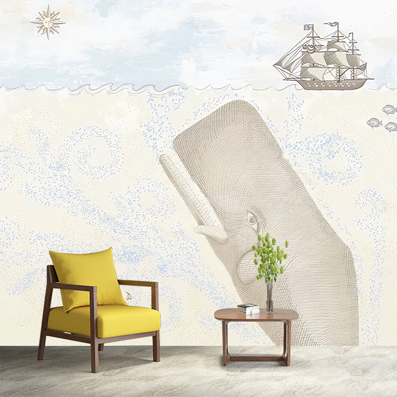 Full Size Childrens Art Mural Pastel Color Underwater Whale and Sailboat Wall Decor, Personalized Size Clearhalo 'Wall Decor' 'Wall Mural' 1224632