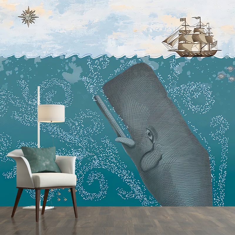 Full Size Childrens Art Mural Pastel Color Underwater Whale and Sailboat Wall Decor, Personalized Size Green Clearhalo 'Wall Decor' 'Wall Mural' 1224635