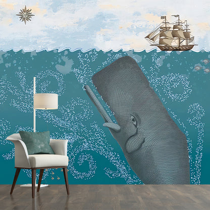 Full Size Childrens Art Mural Pastel Color Underwater Whale and Sailboat Wall Decor, Personalized Size Green Clearhalo 'Wall Decor' 'Wall Mural' 1224635