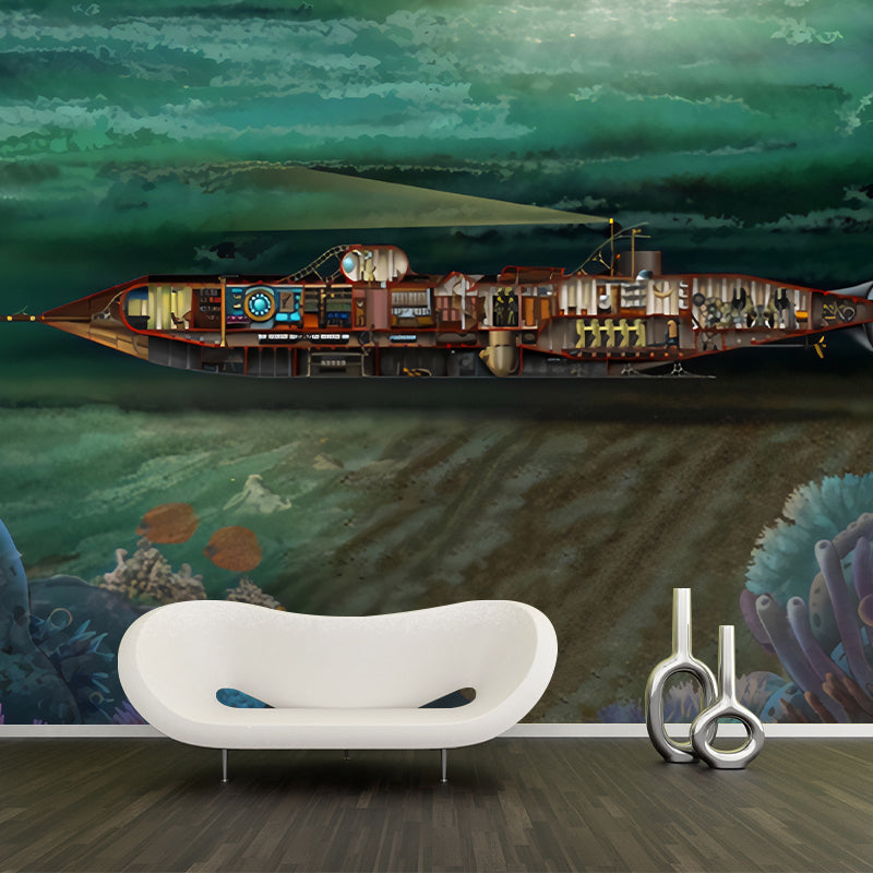 Childrens Art Submarine Wallpaper Murals for Boys Bedroom Personalized Wall Covering in Dark Color Dark Green Clearhalo 'Wall Decor' 'Wall Mural' 1224644
