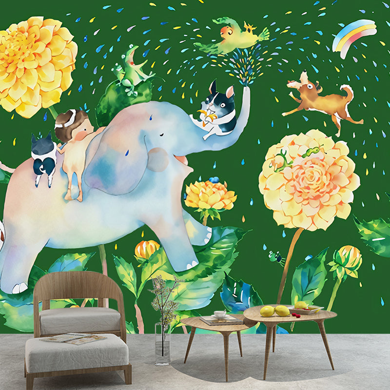 Cartoon Elephant Shower Mural Decal Pastel-Color Kids Bedroom Wall Decoration, Optional Size Green Clearhalo 'Wall Decor' 'Wall Mural' 1224663