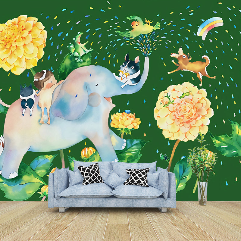 Cartoon Elephant Shower Mural Decal Pastel-Color Kids Bedroom Wall Decoration, Optional Size Clearhalo 'Wall Decor' 'Wall Mural' 1224665