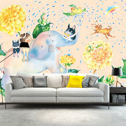 Cartoon Elephant Shower Mural Decal Pastel-Color Kids Bedroom Wall Decoration, Optional Size Yellow-Red Clearhalo 'Wall Decor' 'Wall Mural' 1224668