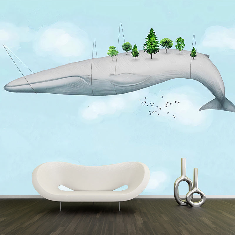 Light Color Flying Whale Murals Animal Cartoon Moisture Resistant Wall Art for Nursery 237" x 158" Clearhalo 'Wall Decor' 'Wall Mural' 1224687