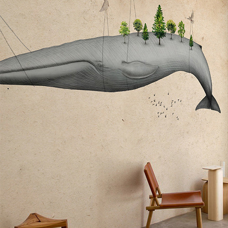 Light Color Flying Whale Murals Animal Cartoon Moisture Resistant Wall Art for Nursery Yellow Clearhalo 'Wall Decor' 'Wall Mural' 1224692