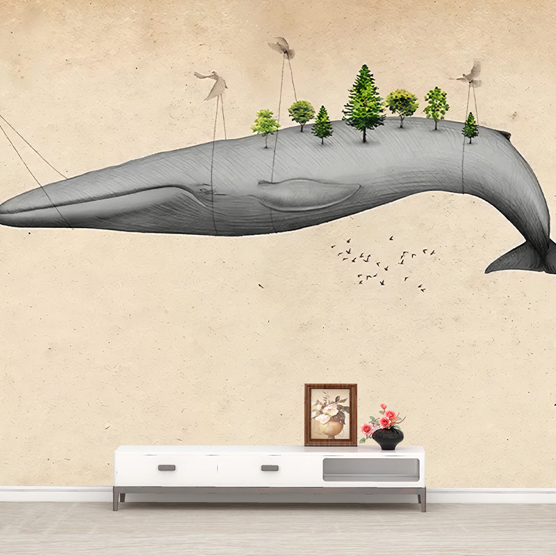 Light Color Flying Whale Murals Animal Cartoon Moisture Resistant Wall Art for Nursery Clearhalo 'Wall Decor' 'Wall Mural' 1224693