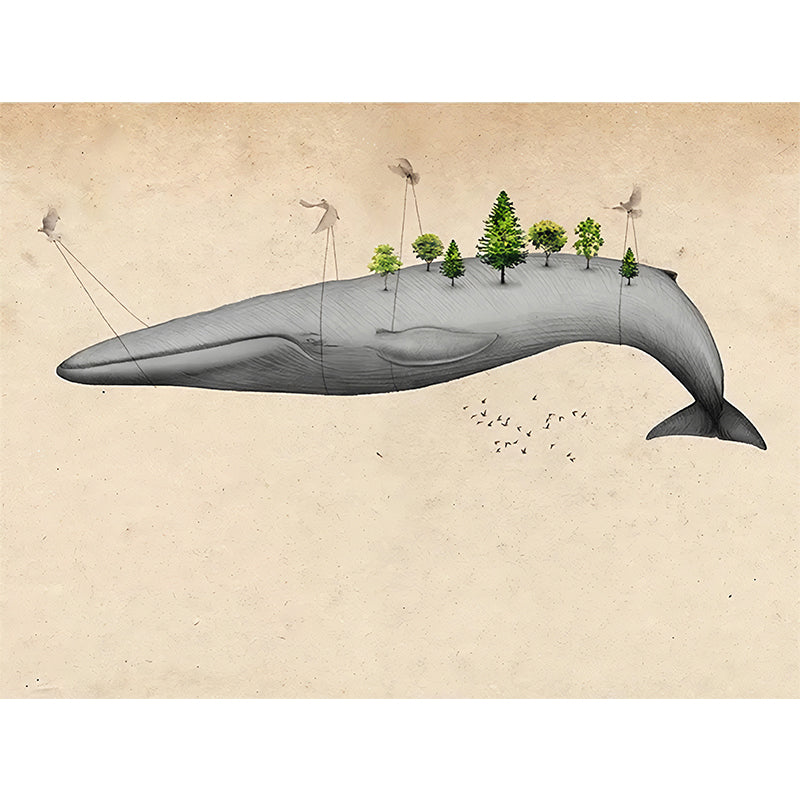 Light Color Flying Whale Murals Animal Cartoon Moisture Resistant Wall Art for Nursery Clearhalo 'Wall Decor' 'Wall Mural' 1224695