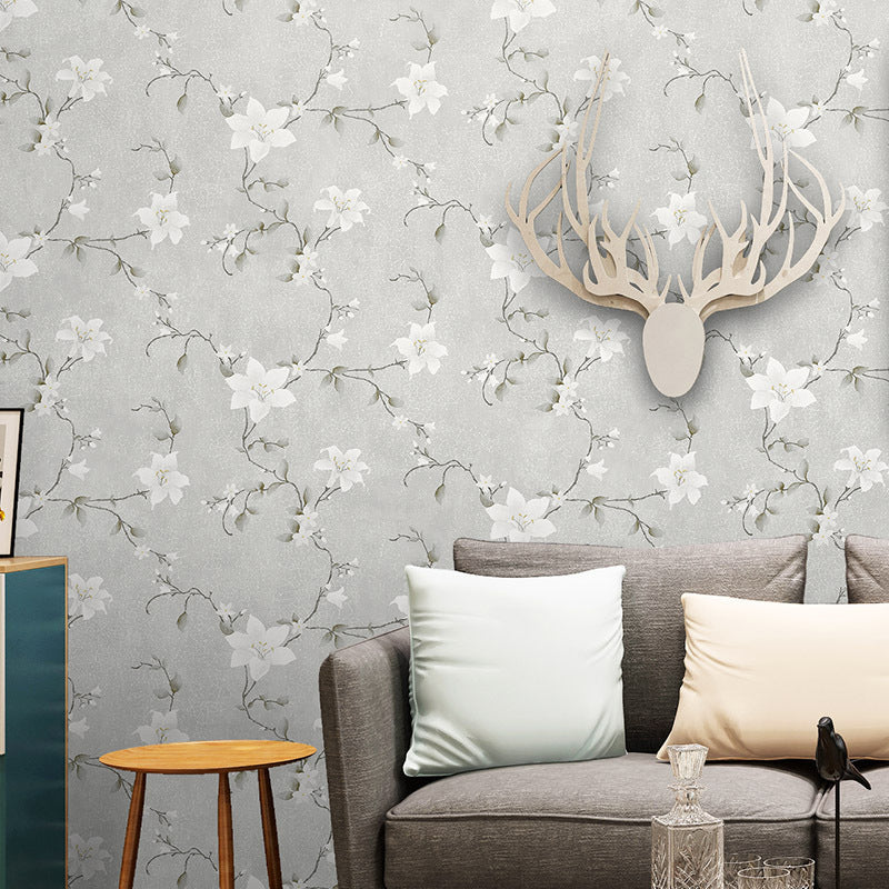 Country Flower Wallpaper Roll for Accent Wall 33' x 20.5" Wall Covering in Pastel Color Grey Clearhalo 'Country wall decor' 'Rustic' 'Wallpaper' Wall Decor' 1224769