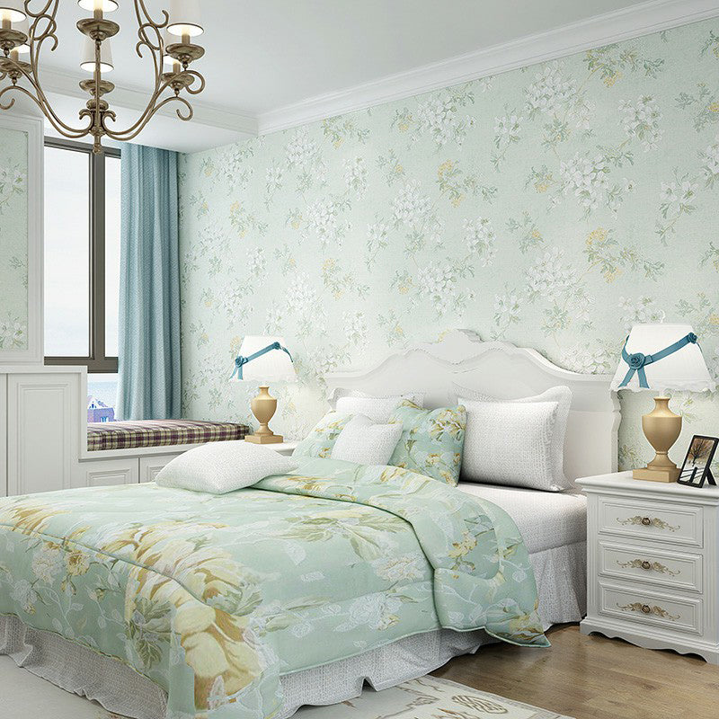 Blooming Flower Wallpaper Rural Semi-Gloss Wall Covering in Pastel Color for Bedroom Green Clearhalo 'Country wall decor' 'Rustic' 'Wallpaper' Wall Decor' 1224821