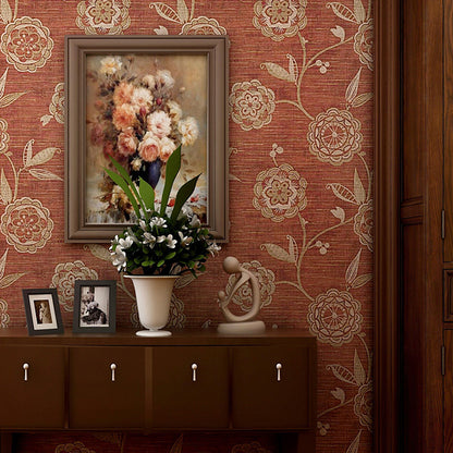 Gold Sunflower Wallpaper Roll Non-Pasted Rustic Living Room Wall Decor on Dark Red Dark Red Clearhalo 'Country wall decor' 'Rustic' 'Wallpaper' Wall Decor' 1224847