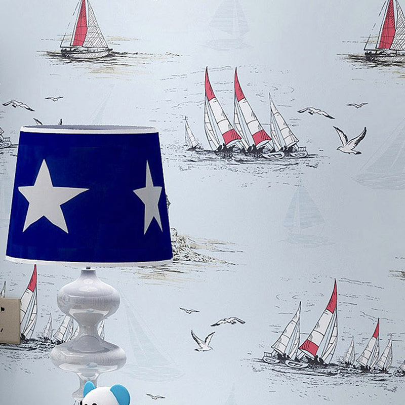 Sailing Ship Nautical Wallpaper Novelty Smooth Texture Wall Covering for Kids Bedroom Light Blue Clearhalo 'Country wall decor' 'Rustic' 'Wallpaper' Wall Decor' 1224973