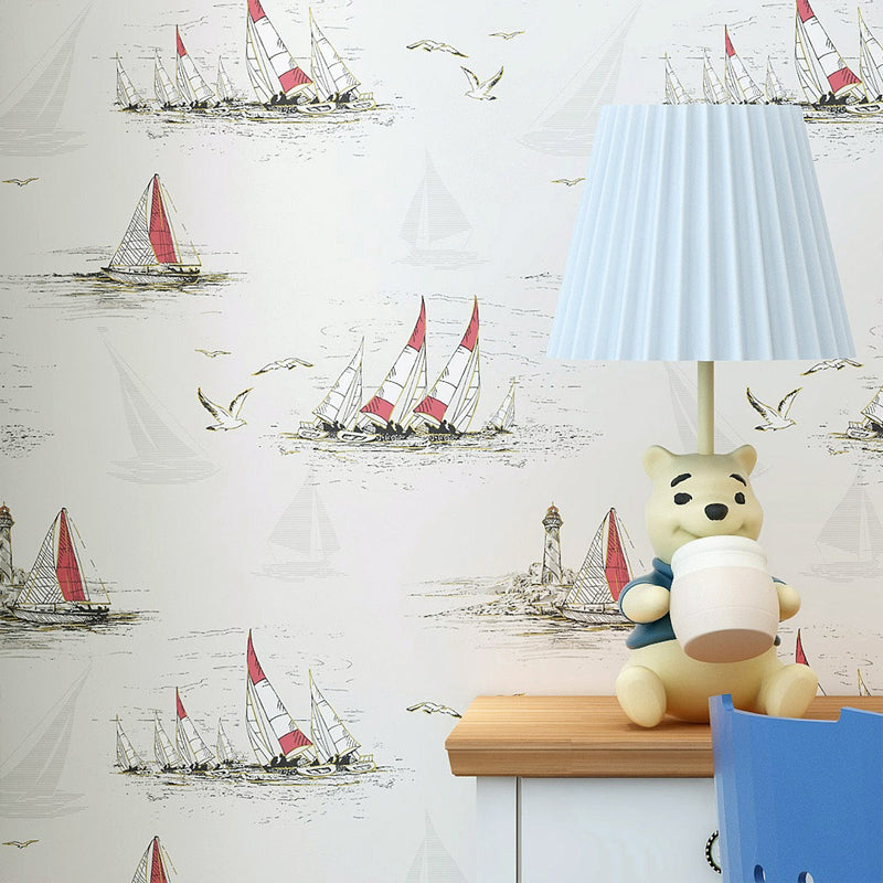 Sailing Ship Nautical Wallpaper Novelty Smooth Texture Wall Covering for Kids Bedroom Beige Clearhalo 'Country wall decor' 'Rustic' 'Wallpaper' Wall Decor' 1224978