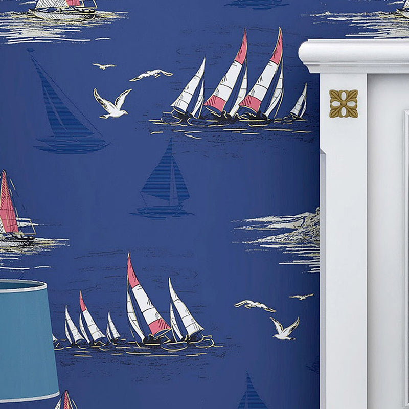 Sailing Ship Nautical Wallpaper Novelty Smooth Texture Wall Covering for Kids Bedroom Dark Blue Clearhalo 'Country wall decor' 'Rustic' 'Wallpaper' Wall Decor' 1224982