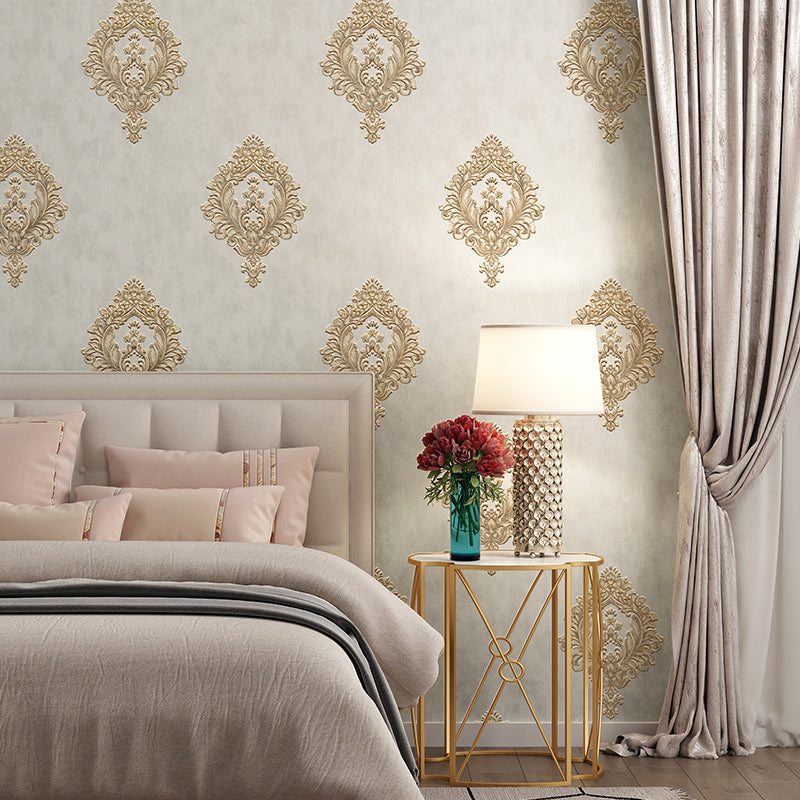 Washable Medallion Wallpaper 3D Embossed Fabric Retro Style Wall Covering for Bedroom Ivory Clearhalo 'Vintage wall decor' 'Vintage' 'Wallpaper' Wall Decor' 1225028