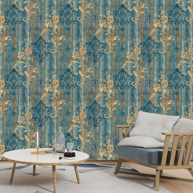 Satin Moisture Resistant Wallpaper European Flower Printed Wall Art in Antiqued Blue Clearhalo 'Vintage wall decor' 'Vintage' 'Wallpaper' Wall Decor' 1225105