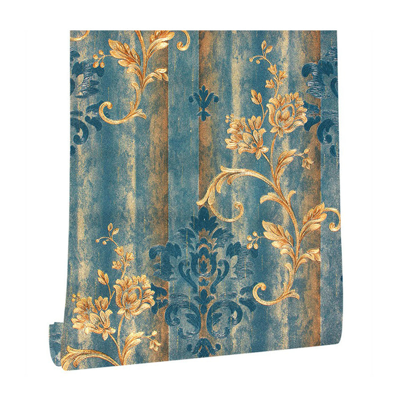 Satin Moisture Resistant Wallpaper European Flower Printed Wall Art in Antiqued Blue Clearhalo 'Vintage wall decor' 'Vintage' 'Wallpaper' Wall Decor' 1225106