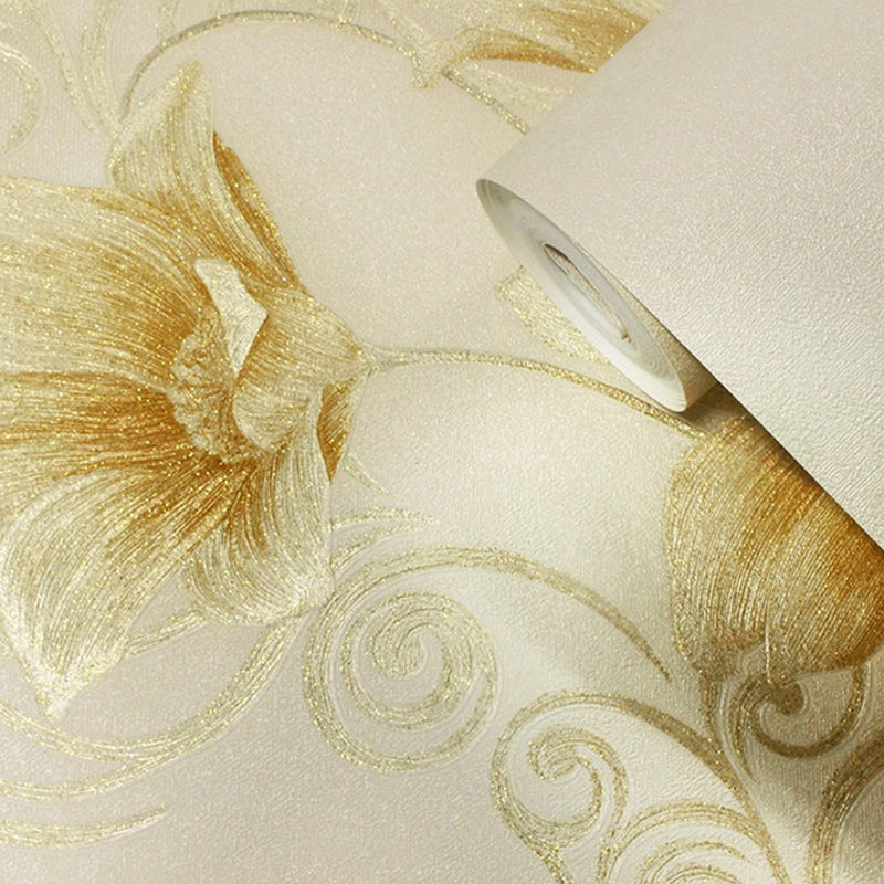 Gold Lotus Blossom Wallpaper Roll Stain Resistant Rustic Dining Room Wall Covering Clearhalo 'Country wall decor' 'Rustic' 'Wallpaper' Wall Decor' 1225273