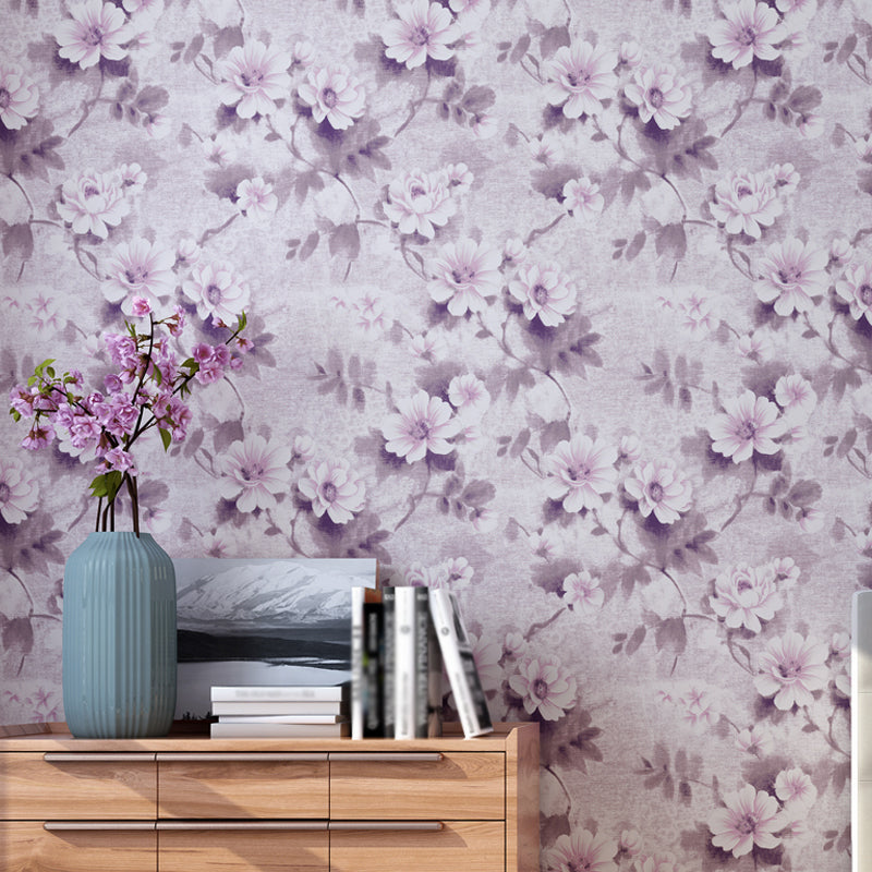 Rural Daisy Flower Wallpaper for Living Room 54.2-sq ft Wall Decor in Soft Color Purple-Pink Clearhalo 'Country wall decor' 'Rustic' 'Wallpaper' Wall Decor' 1225284