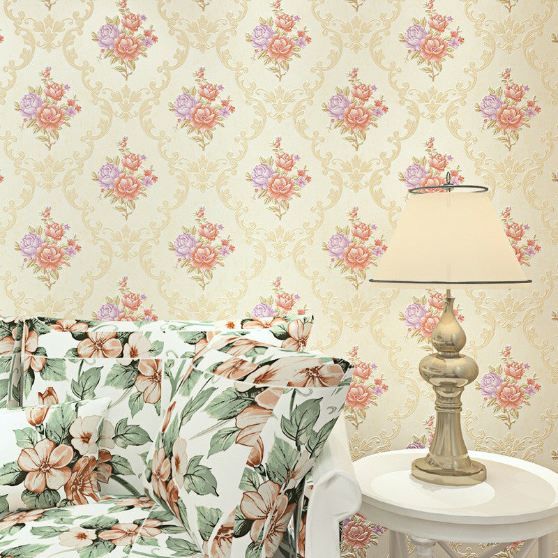 Rural Jacquard Peony Wallpaper Soft Color Stain-Resistant Wall Decor for Living Room Beige Clearhalo 'Country wall decor' 'Rustic' 'Wallpaper' Wall Decor' 1225499