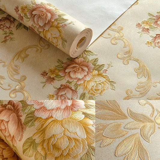 Rural Jacquard Peony Wallpaper Soft Color Stain-Resistant Wall Decor for Living Room Yellow Clearhalo 'Country wall decor' 'Rustic' 'Wallpaper' Wall Decor' 1225502