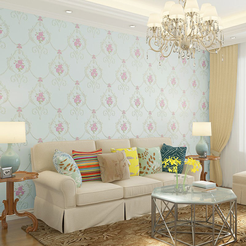 54.2-sq ft Embroidered Flower Wallpaper Soft-Color Non-Woven Wall Decor with Moisture Resistant Design Light Blue Clearhalo 'Country wall decor' 'Rustic' 'Wallpaper' Wall Decor' 1225548
