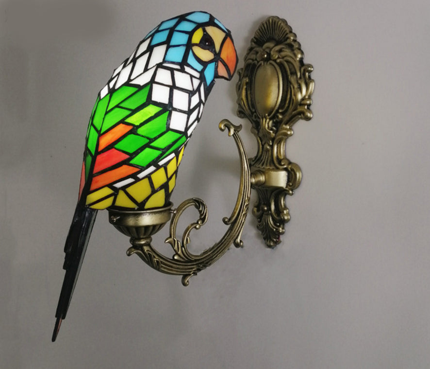 1 Light Parrot Wall Sconce Light Rustic Loft Stained Glass Wall Lighting in Red/Blue for Bedroom Blue Clearhalo 'Industrial' 'Middle century wall lights' 'Tiffany wall lights' 'Tiffany' 'Wall Lamps & Sconces' 'Wall Lights' Lighting' 12334