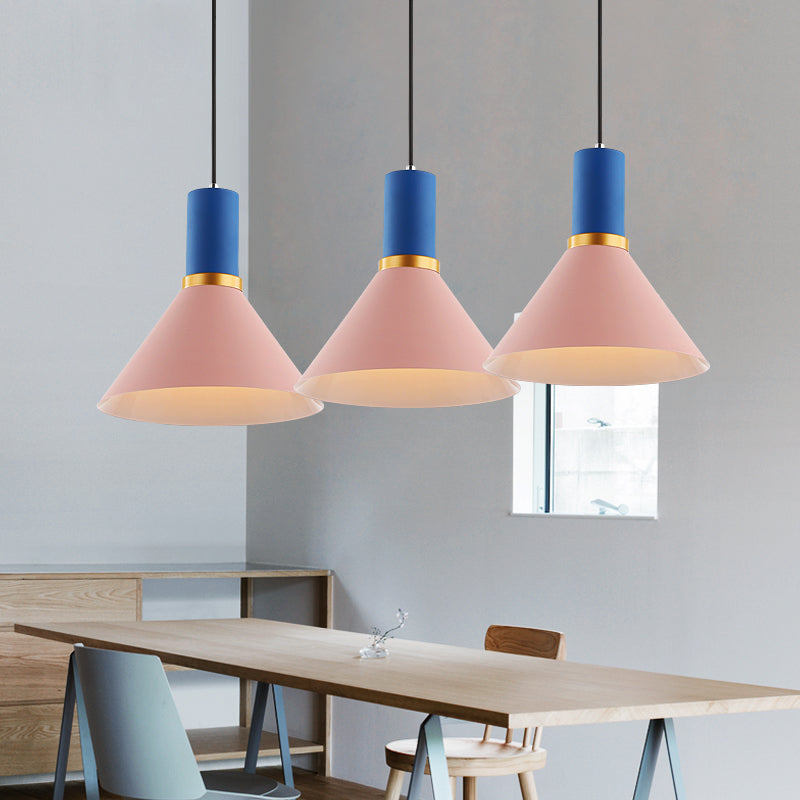 Bowl/Cone/Funnel Metal Hanging Ceiling Light Minimalist 1 Light Blue/Pink/Yellow Pendant Lamp Pink Funnel Clearhalo 'Ceiling Lights' 'Modern Pendants' 'Modern' 'Pendant Lights' 'Pendants' Lighting' 124537
