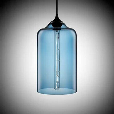 Cylinder Pendant Lighting Post Modern Glass 1 Light Red/Blue/Clear Hanging Light Blue Clearhalo 'Ceiling Lights' 'Glass shade' 'Glass' 'Modern Pendants' 'Modern' 'Pendant Lights' 'Pendants' Lighting' 125433
