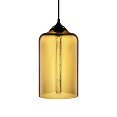 Cylinder Pendant Lighting Post Modern Glass 1 Light Red/Blue/Clear Hanging Light Amber Clearhalo 'Ceiling Lights' 'Glass shade' 'Glass' 'Modern Pendants' 'Modern' 'Pendant Lights' 'Pendants' Lighting' 125435