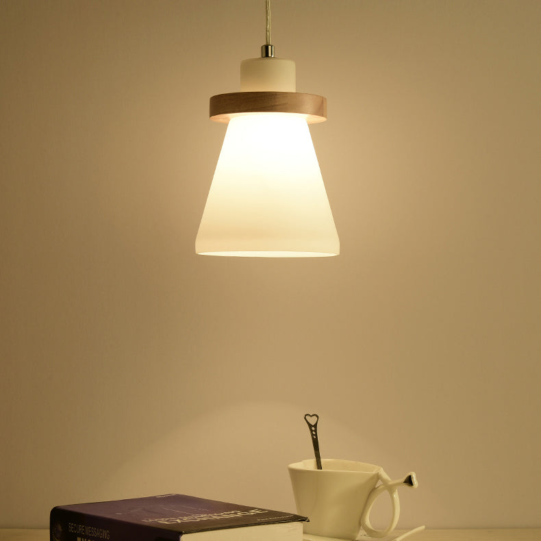 White Tapered Shade Hanging Lamp with Round Canopy Simple Style Milk Glass Pendant Lighting in White for Office Clearhalo 'Ceiling Lights' 'Glass shade' 'Glass' 'Modern Pendants' 'Modern' 'Pendant Lights' 'Pendants' Lighting' 125786