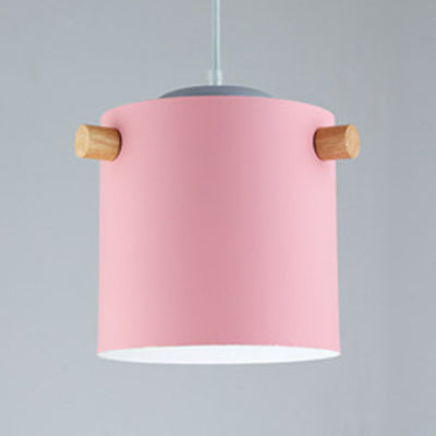 Candy Colored Cylindrical Suspension Light One Light Macaron Aluminum Blue/Green/Pink/White/Yellow Pendant Light for Corridor Pink 7" Clearhalo 'Ceiling Lights' 'Modern Pendants' 'Modern' 'Pendant Lights' 'Pendants' Lighting' 126937