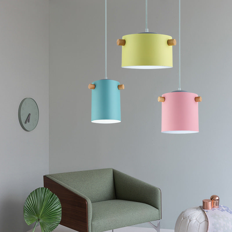 Candy Colored Cylindrical Suspension Light One Light Macaron Aluminum Blue/Green/Pink/White/Yellow Pendant Light for Corridor Clearhalo 'Ceiling Lights' 'Modern Pendants' 'Modern' 'Pendant Lights' 'Pendants' Lighting' 126948