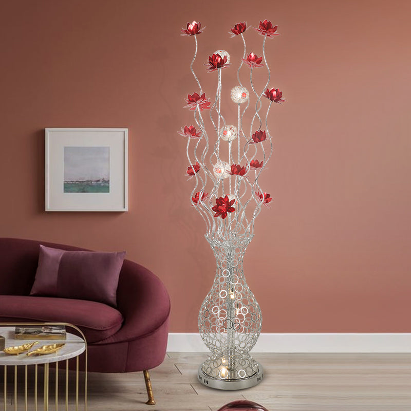 Vase Shape Aluminum Stand Up Light Decorative LED Bedroom Reading Floor Lamp with Blossom and Ball Design in Red/Purple Red Clearhalo 'Floor Lamps' 'Lamps' Lighting' 1272305