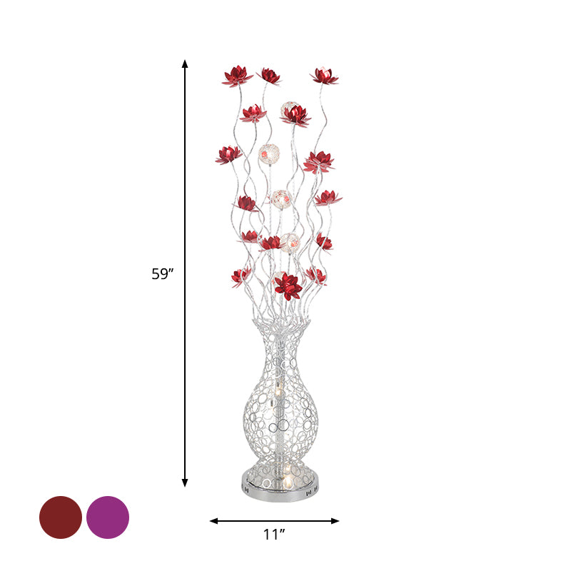 Vase Shape Aluminum Stand Up Light Decorative LED Bedroom Reading Floor Lamp with Blossom and Ball Design in Red/Purple Clearhalo 'Floor Lamps' 'Lamps' Lighting' 1272308