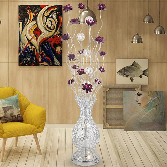 Vase Shape Aluminum Stand Up Light Decorative LED Bedroom Reading Floor Lamp with Blossom and Ball Design in Red/Purple Purple Clearhalo 'Floor Lamps' 'Lamps' Lighting' 1272309