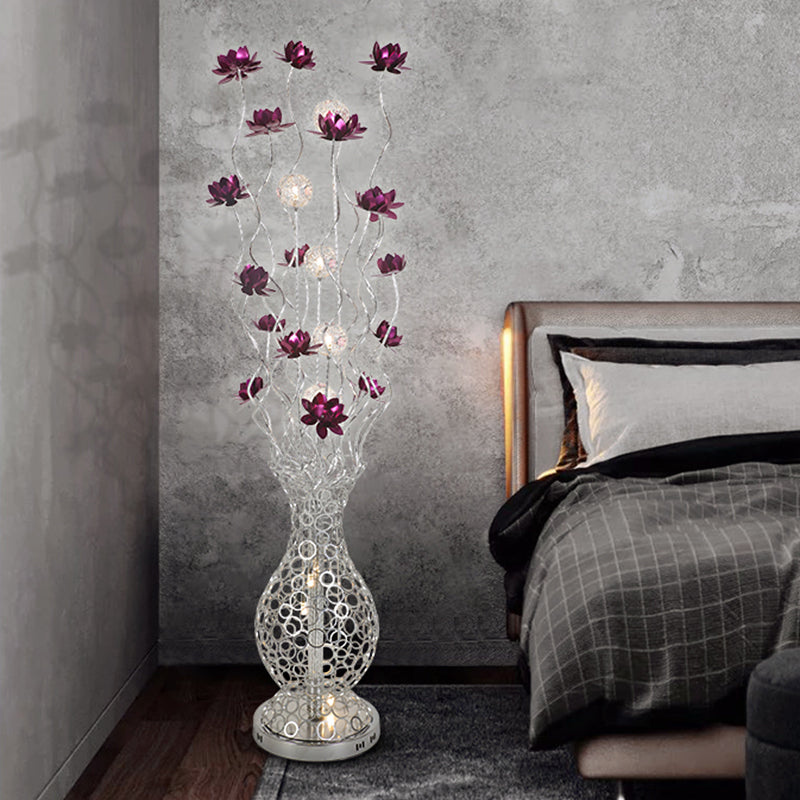 Vase Shape Aluminum Stand Up Light Decorative LED Bedroom Reading Floor Lamp with Blossom and Ball Design in Red/Purple Clearhalo 'Floor Lamps' 'Lamps' Lighting' 1272310