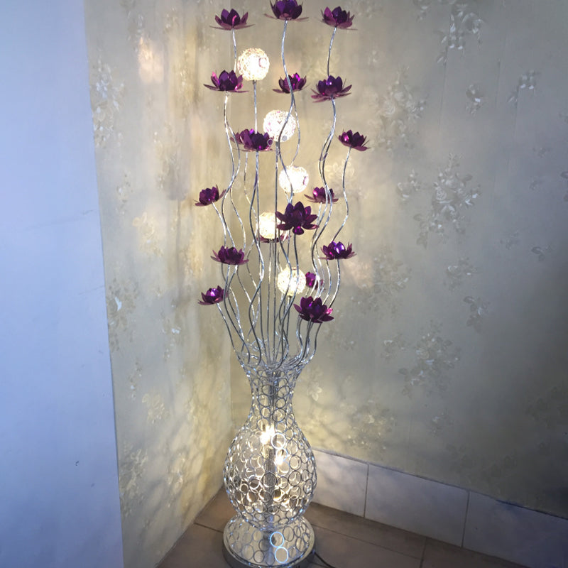 Vase Shape Aluminum Stand Up Light Decorative LED Bedroom Reading Floor Lamp with Blossom and Ball Design in Red/Purple Clearhalo 'Floor Lamps' 'Lamps' Lighting' 1272311