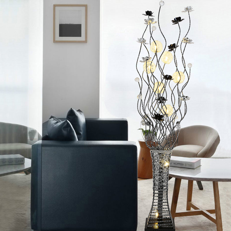 Metallic Tree Branch Stand Up Lamp Decorative Drawing Room LED Reading Floor Light with Trapezoid Base in Black and Silver Black-Silver Clearhalo 'Floor Lamps' 'Lamps' Lighting' 1272317