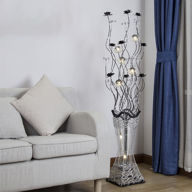 Art Decor Torch-Like Floor Light LED Aluminum Stand Up Lamp Curvy Arm with Floret Decor in Black and Silver Black-Silver Clearhalo 'Floor Lamps' 'Lamps' Lighting' 1272321